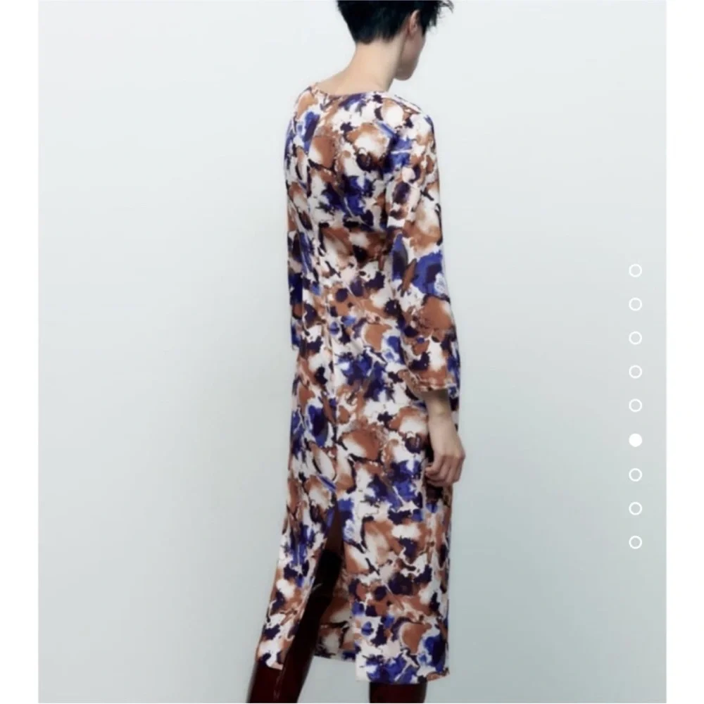 NEW Zara Print Long Sleeve Midi Dress With Knot - Picture 3 of 6